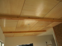 リビングの天井です。
クロス仕上ではつまらなかったので、予算を抑えつつ木合板としました。